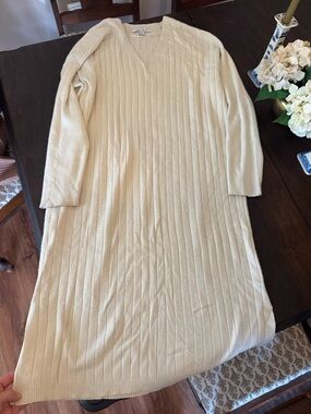 Ivory V-Neck Ribbed Sweater Dress